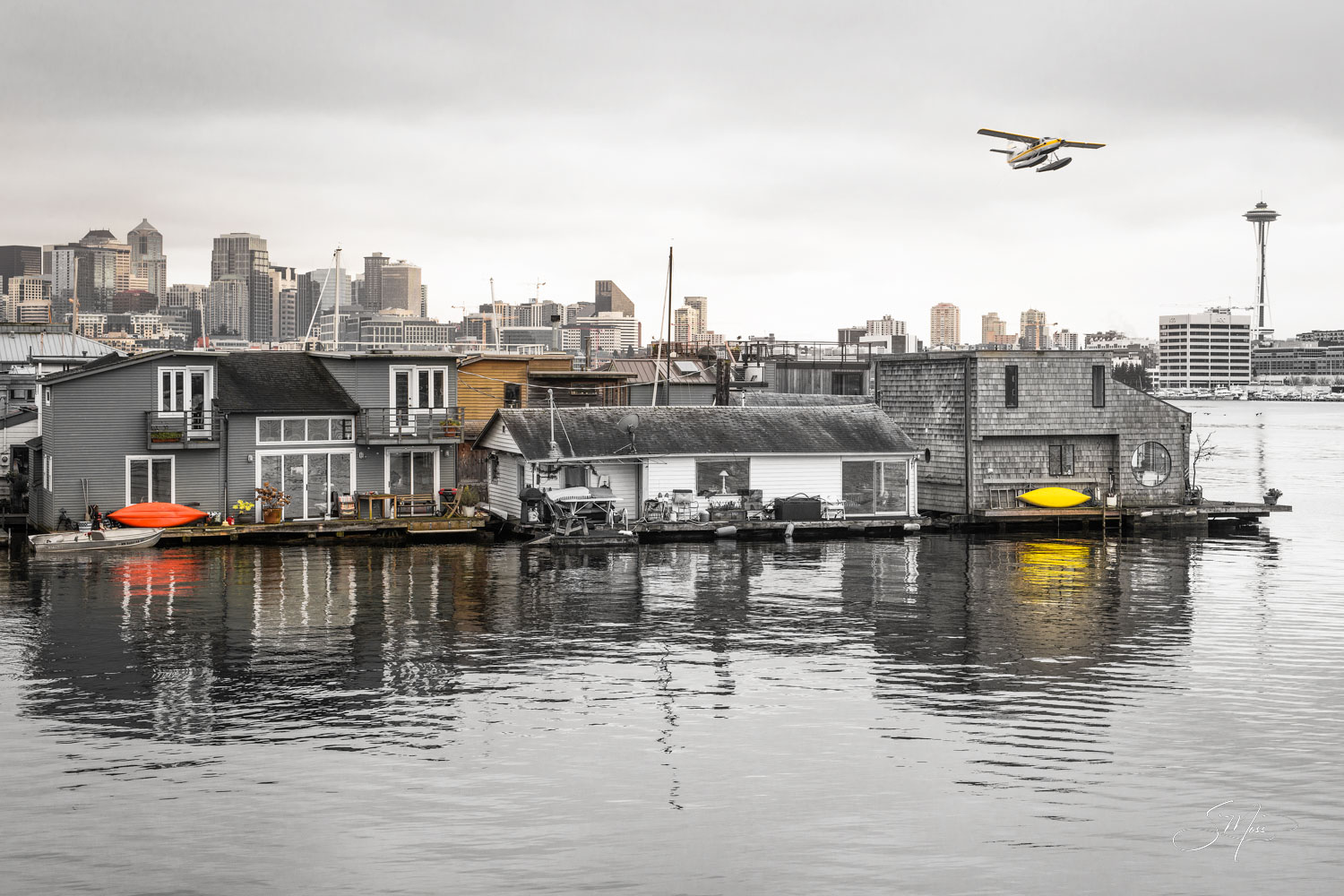 boats, marina, Seattle, Lake Union, nighttime, reflections, lights, evening, black and white, gold color lights, horizontal...